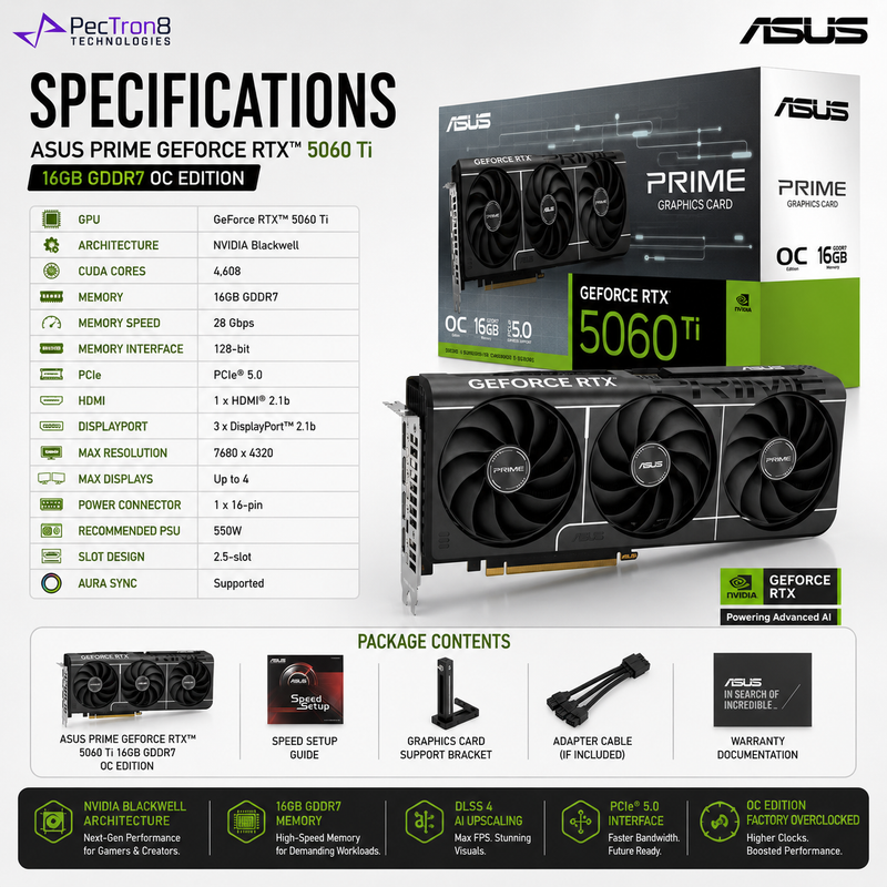 ASUS PRIME GeForce RTX 5060 Ti 16GB GDDR7 OC Edition Graphics Card | PCIe 5.0 | DLSS 4 | HDMI 2.1b | DisplayPort 2.1b