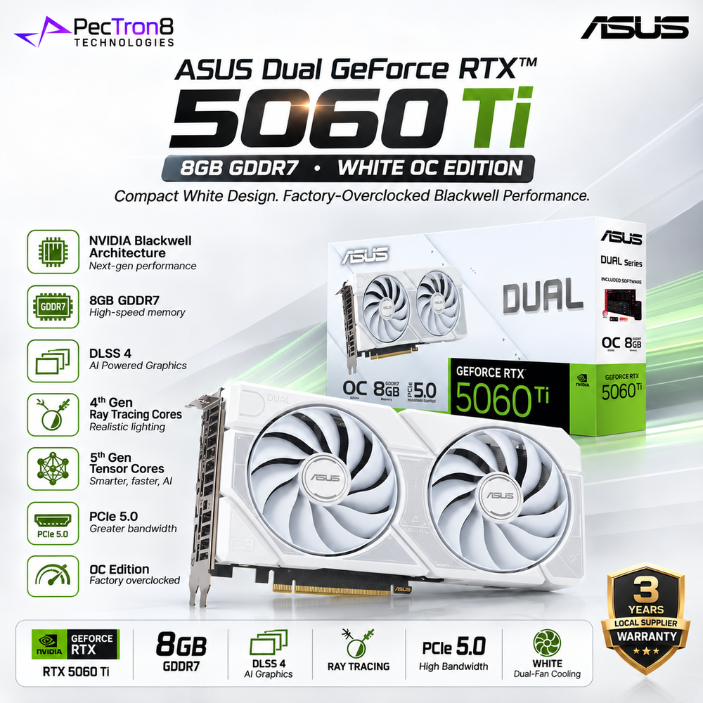 ASUS Dual GeForce RTX 5060 Ti 8GB GDDR7 White OC Edition Graphics Card | Blackwell | DLSS 4 | PCIe 5.0