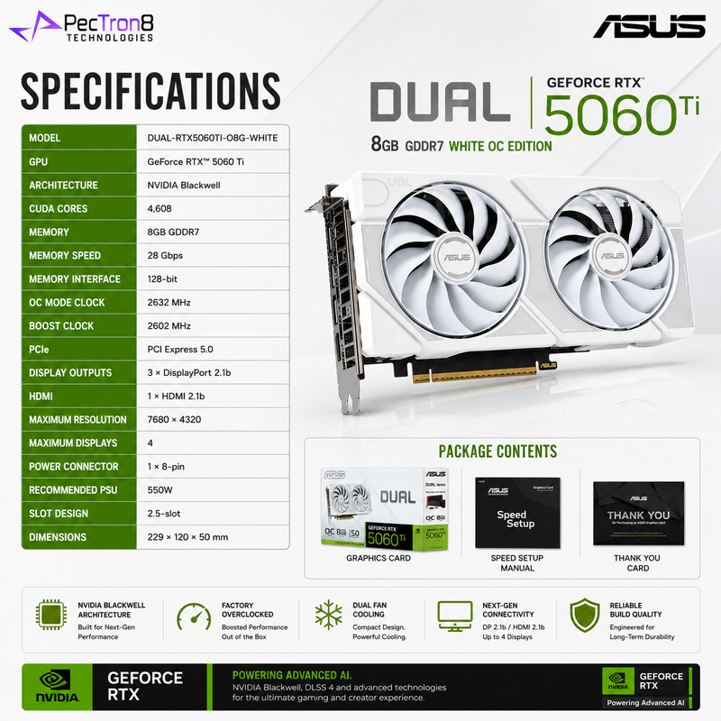 ASUS Dual GeForce RTX 5060 Ti 8GB GDDR7 White OC Edition Graphics Card | Blackwell | DLSS 4 | PCIe 5.0