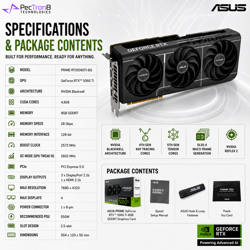 ASUS PRIME GeForce RTX 5060 Ti 8GB GDDR7 Graphics Card | NVIDIA Blackwell | DLSS 4 | PCIe 5.0