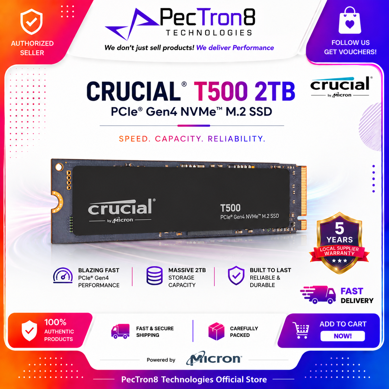 Crucial T500 PCIe Gen4 NVMe M.2 2280 SSD 1TB/2TB/4TB Non-Heatsink Internal SSD | Laptop Desktop Compatible | 5Y Warranty