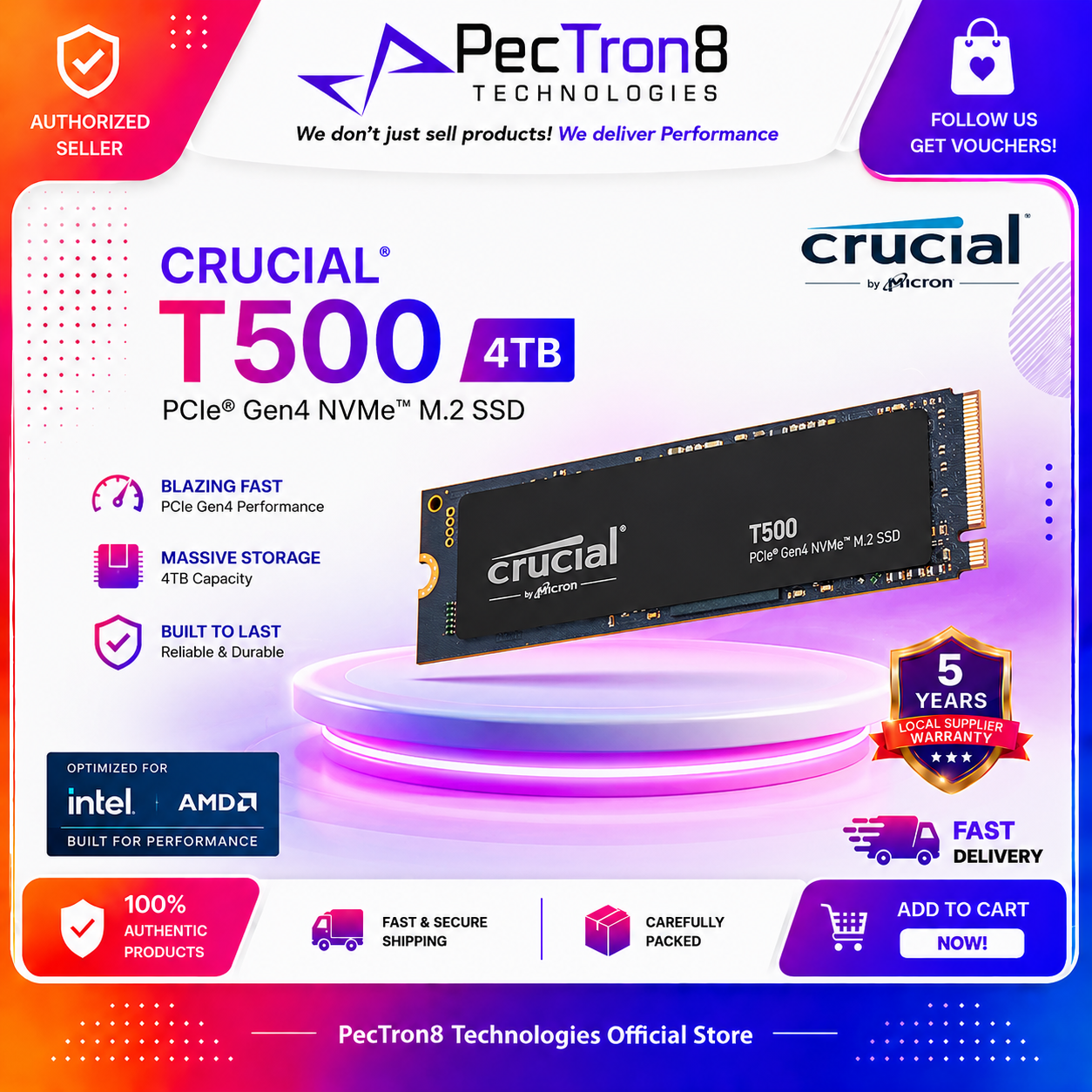 Crucial T500 PCIe Gen4 NVMe M.2 2280 SSD 1TB/2TB/4TB Non-Heatsink Internal SSD | Laptop Desktop Compatible | 5Y Warranty