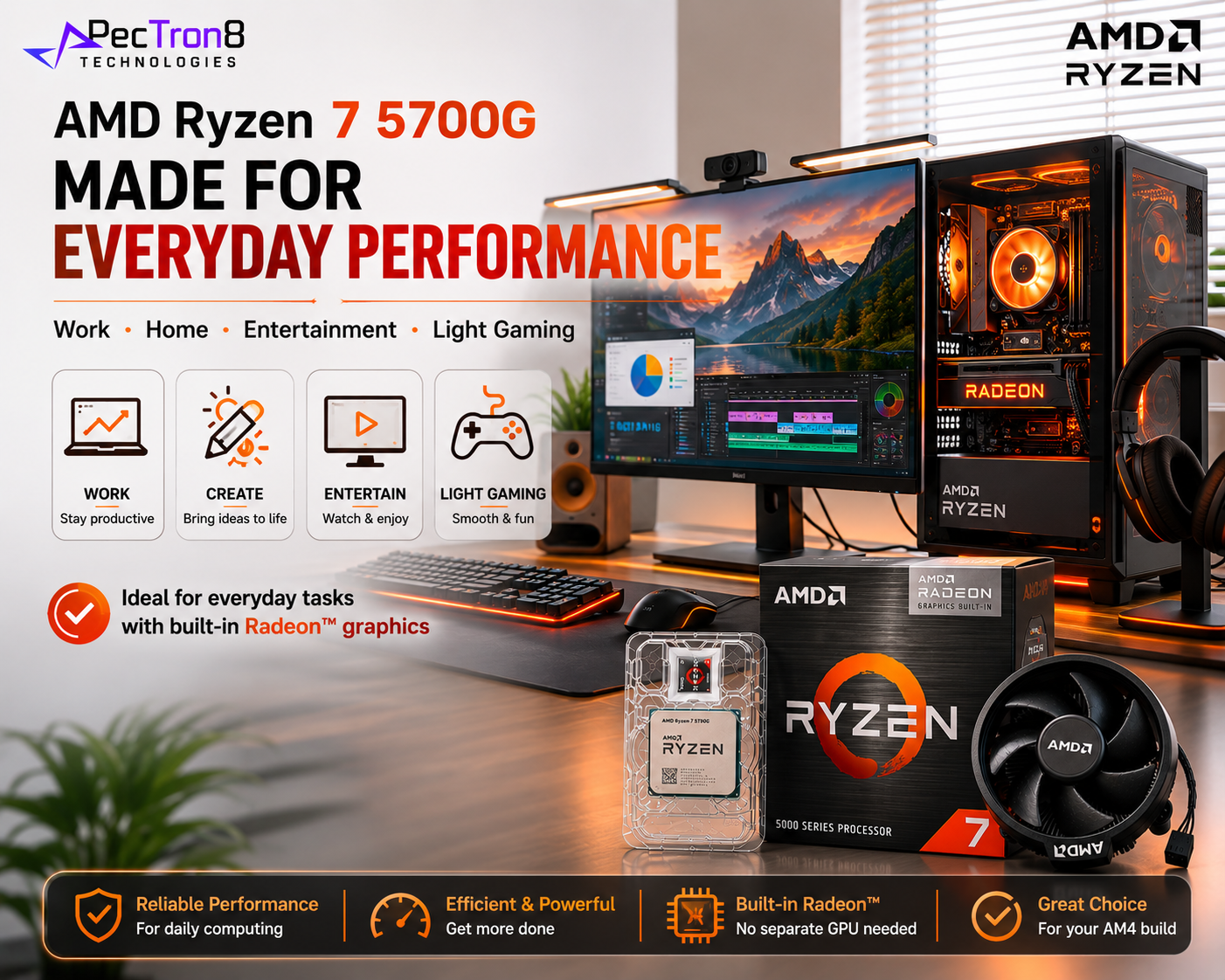AMD Ryzen 7 5700G AM4 Desktop Processor with Radeon Graphics and Wraith Stealth Cooler