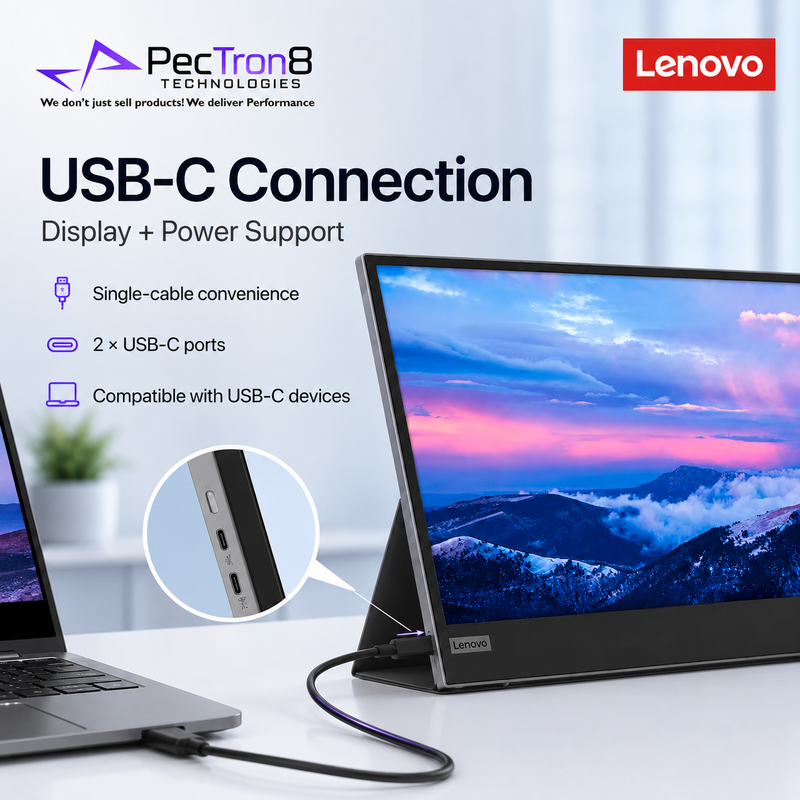 Lenovo USB-C device with laptop and monitor setup, featuring PecTron8 Technologies branding.