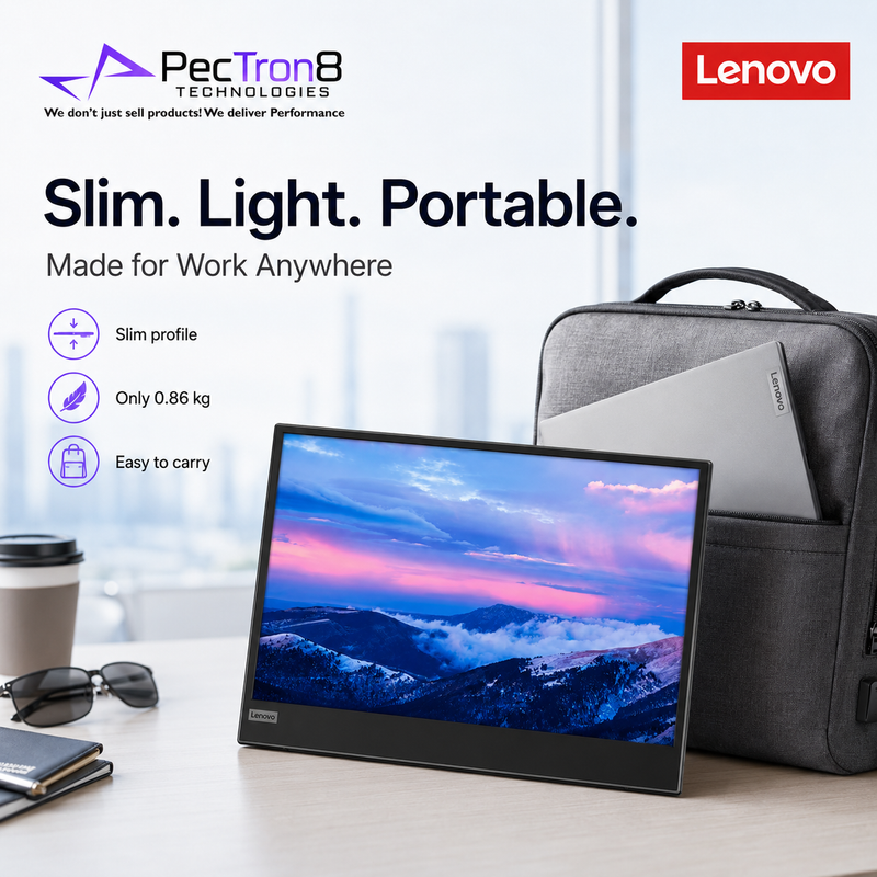 Lenovo laptop on a desk with a backpack and coffee cup, featuring PecTron8 Technologies branding.