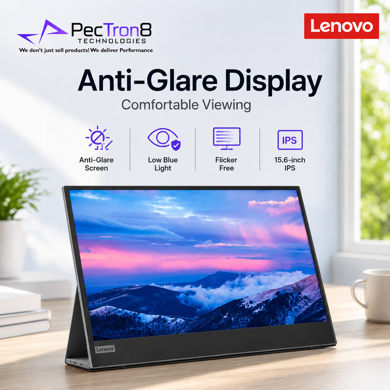 Lenovo tablet with anti-glare display features on a desk with a blurred indoor background