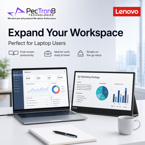 Laptop and tablet setup on a desk with PecTron8 Technologies and Lenovo branding.