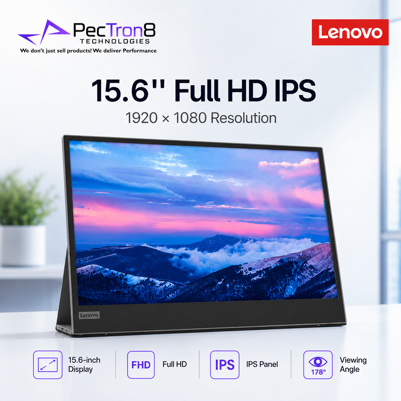 Lenovo 15.6" Full HD IPS display with scenic mountain view on screen, branded by PecTronB Technologies.