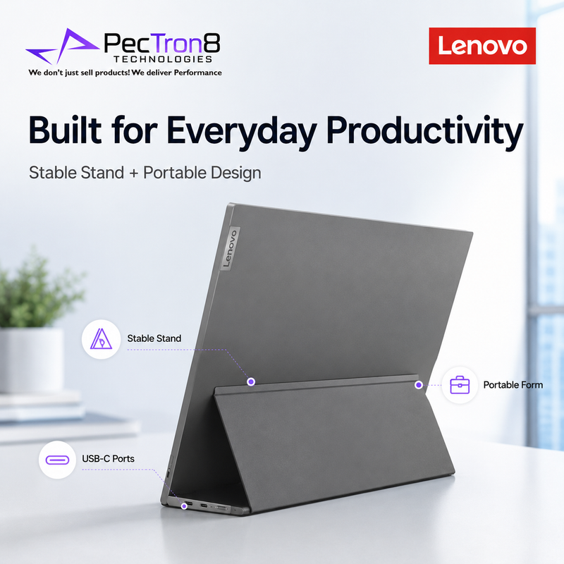 Lenovo laptop with stand on a white surface, featuring PecTeron8 Technologies branding.