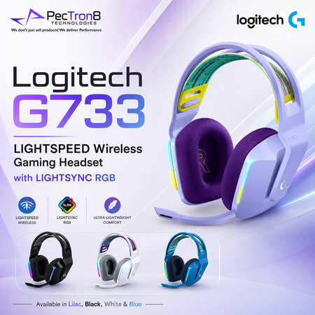 Logitech G733 LIGHTSPEED Wireless Gaming Headset with LIGHTSYNC RGB – Lilac / Black / White / Blue.