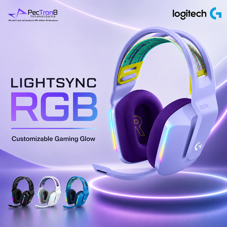 Logitech G733 LIGHTSPEED Wireless Gaming Headset with LIGHTSYNC RGB – Lilac / Black / White / Blue.