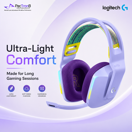 Logitech G733 LIGHTSPEED Wireless Gaming Headset with LIGHTSYNC RGB – Lilac / Black / White / Blue.
