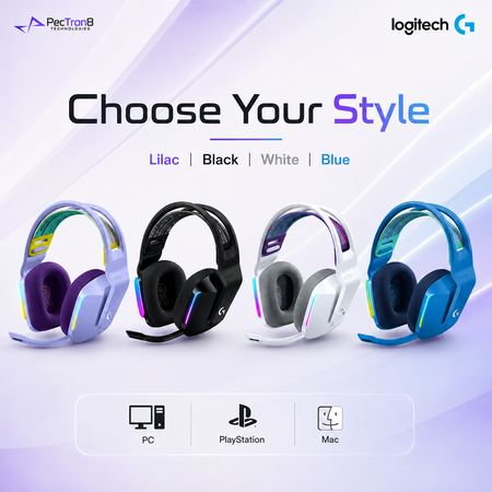 Logitech G733 LIGHTSPEED Wireless Gaming Headset with LIGHTSYNC RGB – Lilac / Black / White / Blue.