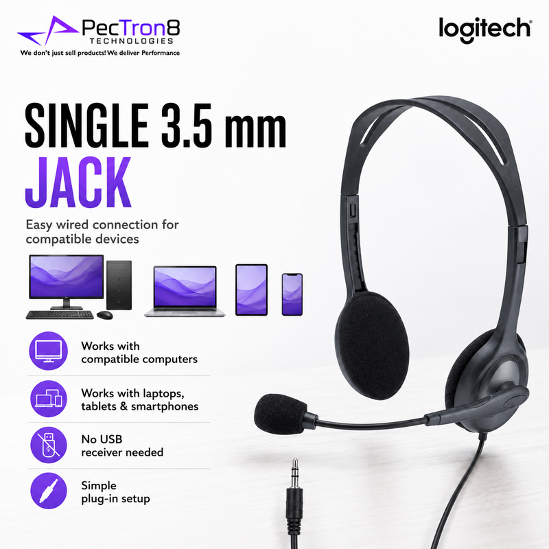 Logitech H111 Multi-Device Wired Headset with Foam Ear Pads and Flexible Rotating Mic