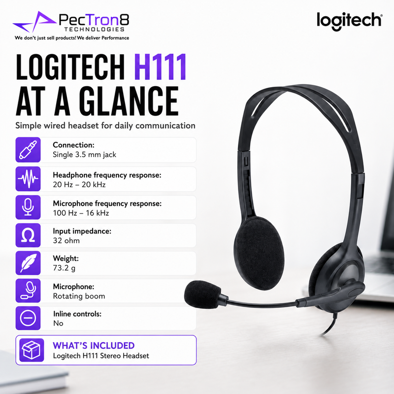Logitech H111 Multi-Device Wired Headset with Foam Ear Pads and Flexible Rotating Mic