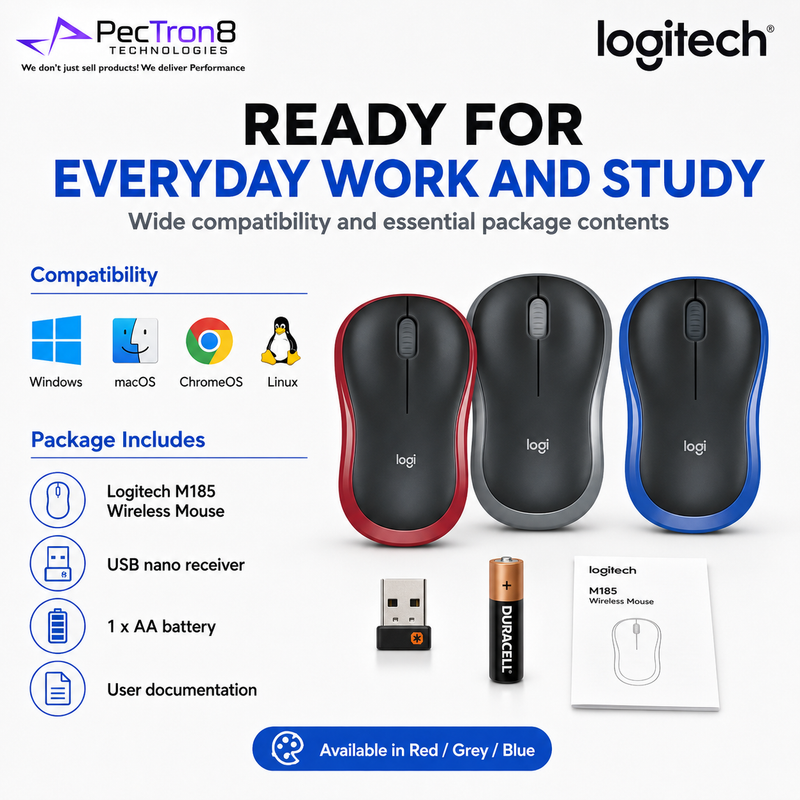 Logitech M185 Wireless Mouse 2.4GHz USB Receiver 1000 DPI 12-Month Battery
