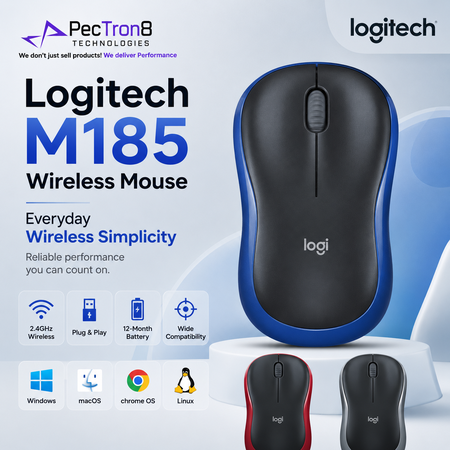 Logitech M185 Wireless Mouse 2.4GHz USB Receiver 1000 DPI 12-Month Battery