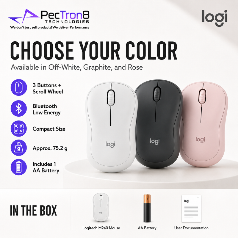 Logitech M240 Silent Wireless Mouse, Off White / Graphite / Rose, Compact Bluetooth Mouse