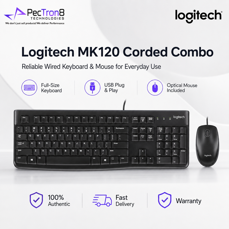 Logitech MK120 Corded Keyboard and Mouse Combo USB Plug & Play