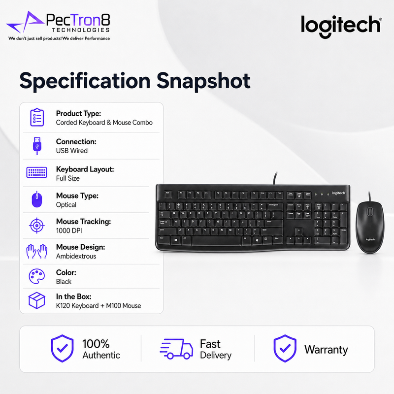 Logitech MK120 Corded Keyboard and Mouse Combo USB Plug & Play