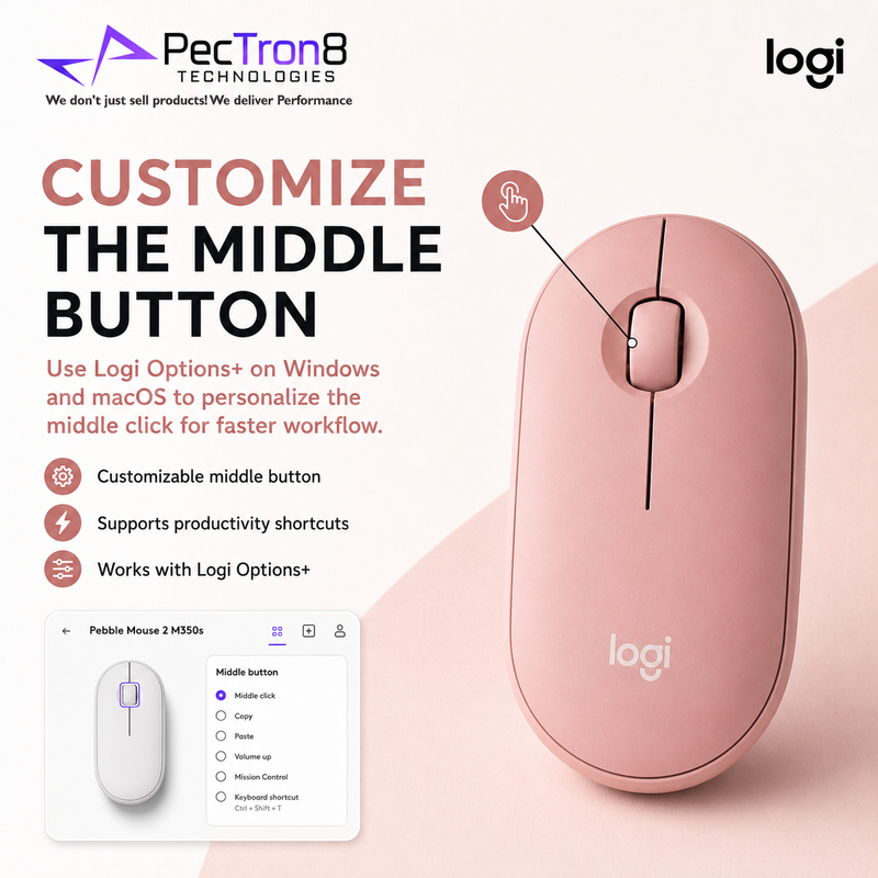 Logitech Pebble Mouse 2 M350s Slim Silent Bluetooth Wireless Mouse – Tonal Rose / Graphite / White
