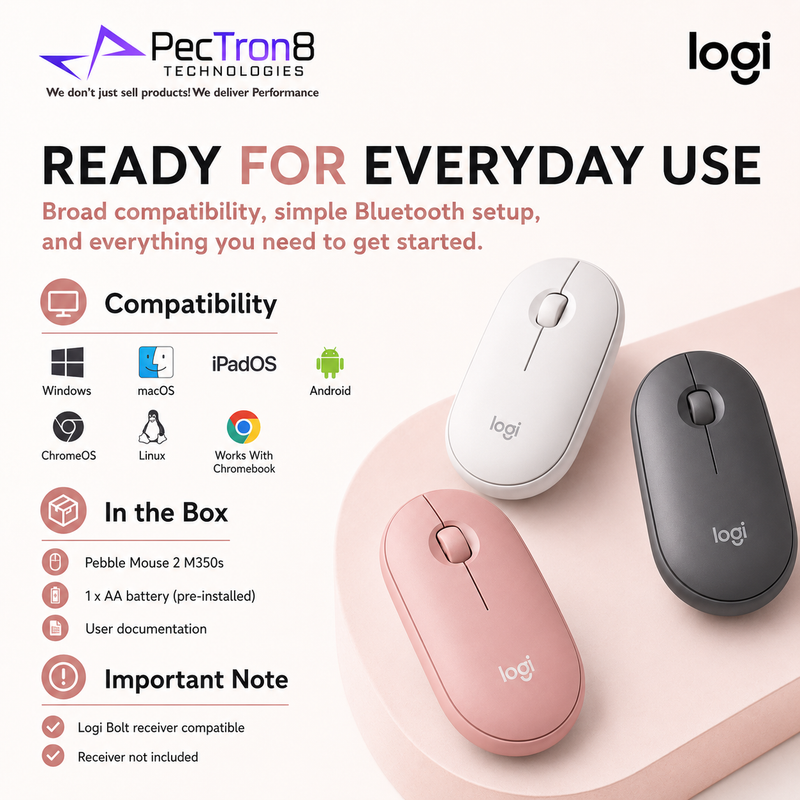 Logitech Pebble Mouse 2 M350s Slim Silent Bluetooth Wireless Mouse – Tonal Rose / Graphite / White
