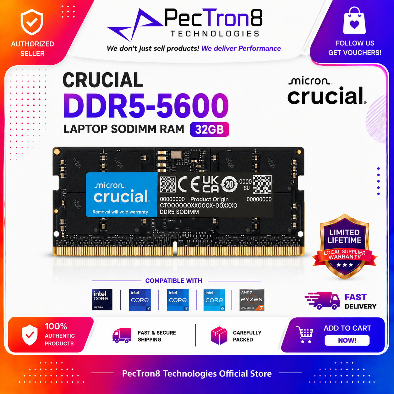 Crucial DDR5 5600MT/s Laptop RAM SODIMM 16GB 32GB 64GB Memory Upgrade