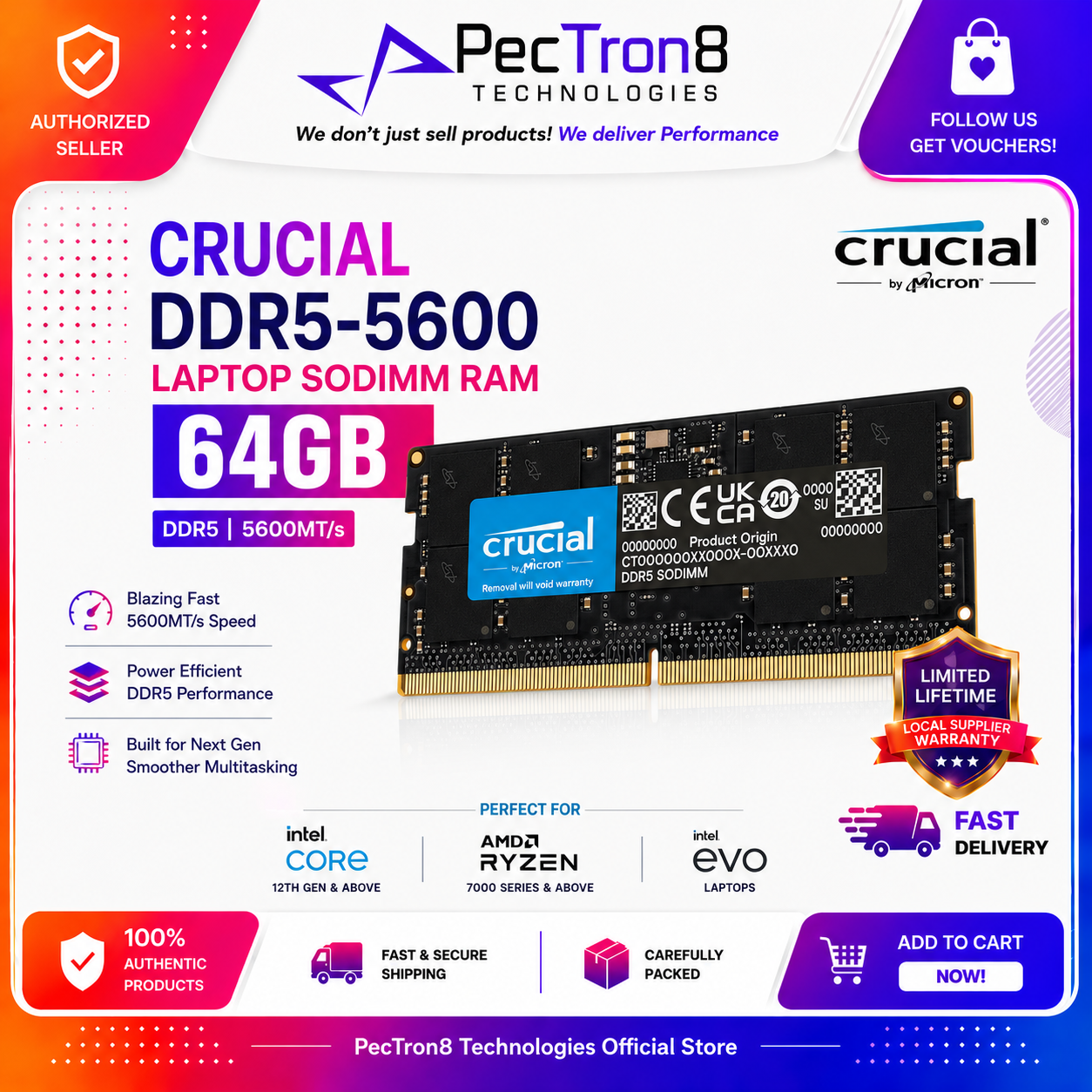 Crucial DDR5 5600MT/s Laptop RAM SODIMM 16GB 32GB 64GB Memory Upgrade