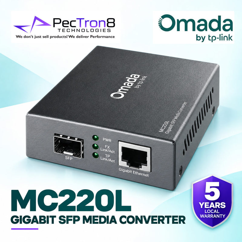 TP-Link MC220L Omada Gigabit RJ45 to SFP Media Converter – 10/100/1000 Mbps, MiniGBIC SFP Slot, Plug & Play