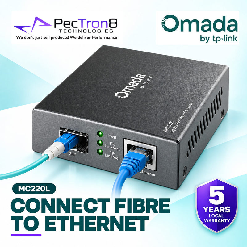TP-Link MC220L Omada Gigabit RJ45 to SFP Media Converter – 10/100/1000 Mbps, MiniGBIC SFP Slot, Plug & Play