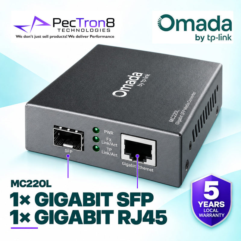 TP-Link MC220L Omada Gigabit RJ45 to SFP Media Converter – 10/100/1000 Mbps, MiniGBIC SFP Slot, Plug & Play