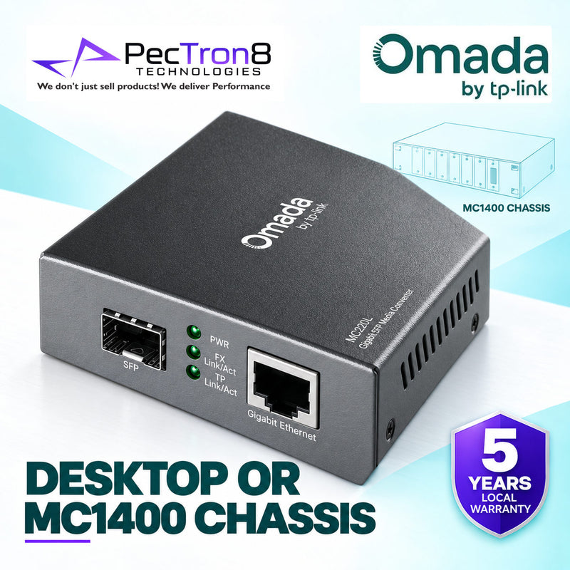TP-Link MC220L Omada Gigabit RJ45 to SFP Media Converter – 10/100/1000 Mbps, MiniGBIC SFP Slot, Plug & Play