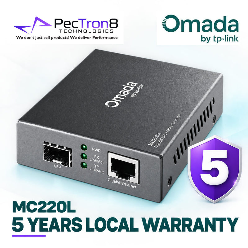 TP-Link MC220L Omada Gigabit RJ45 to SFP Media Converter – 10/100/1000 Mbps, MiniGBIC SFP Slot, Plug & Play