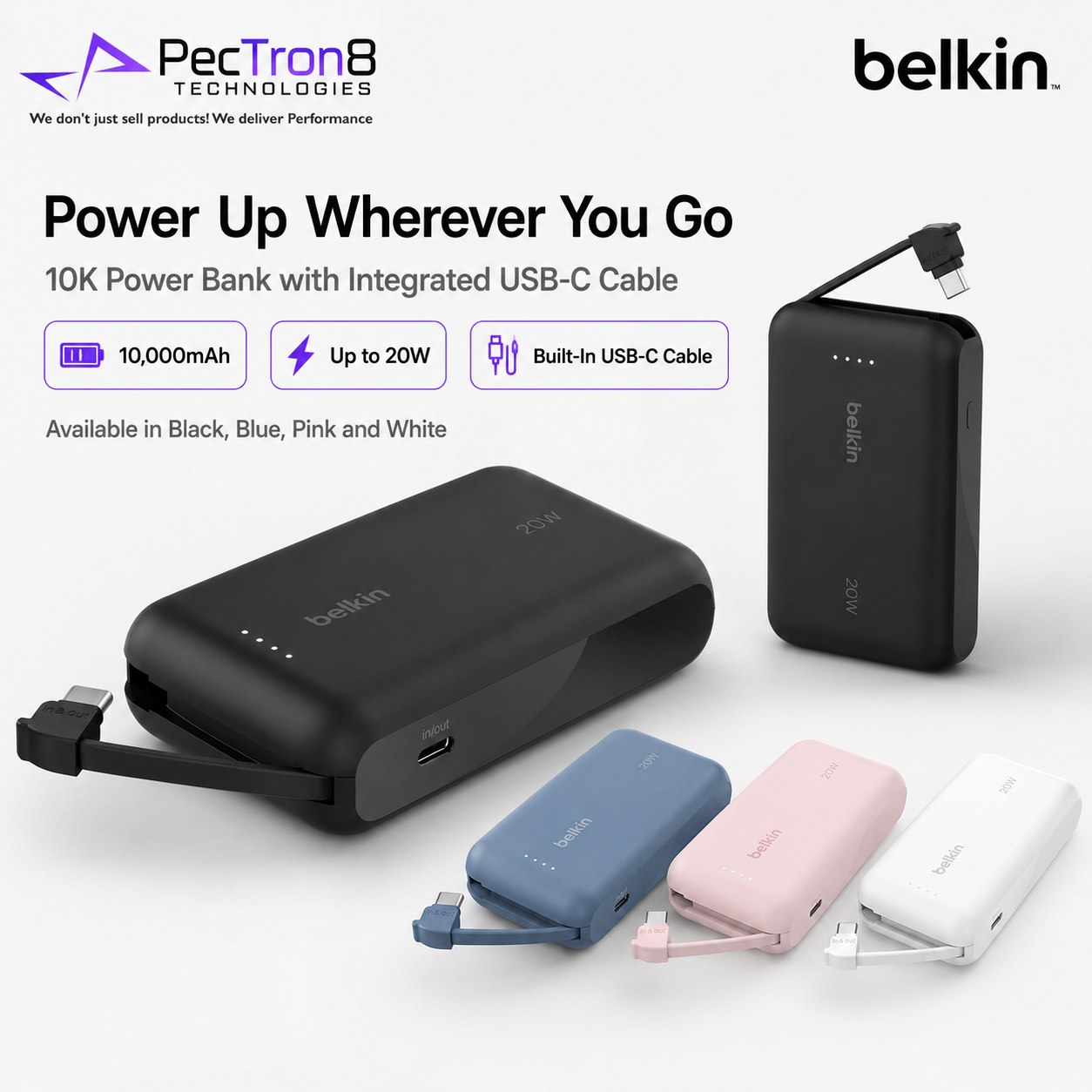 Belkin BoostCharge Power Bank 10K 10000mAh 20W Fast Charging Built-In USB-C Cable