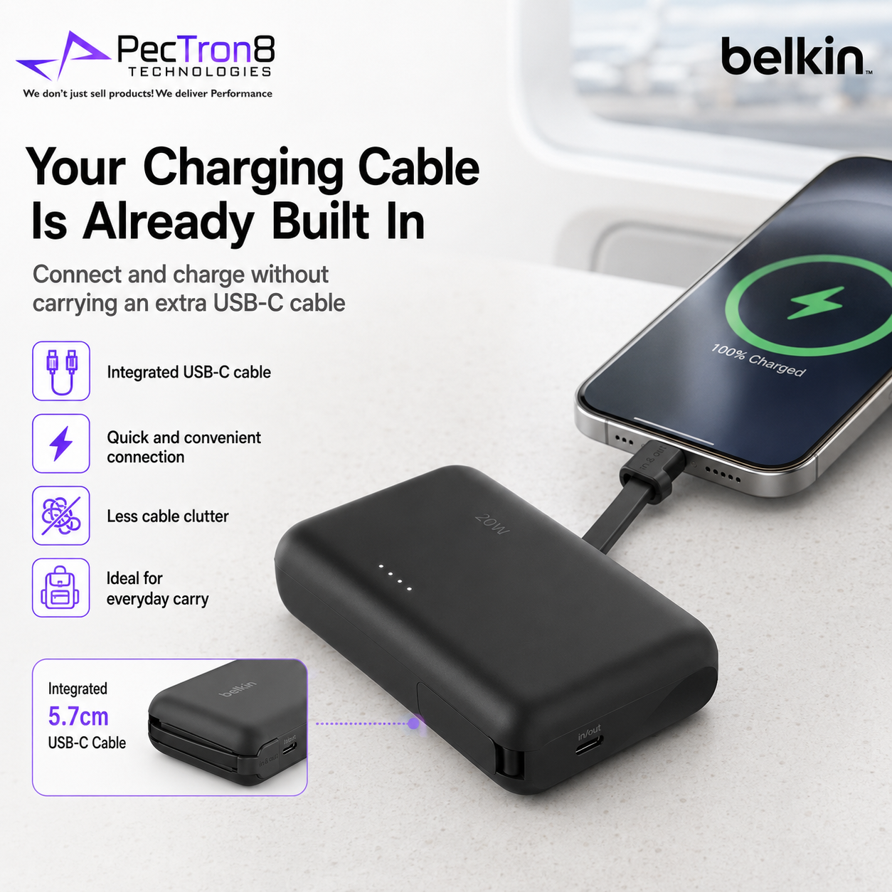 Belkin BoostCharge Power Bank 10K 10000mAh 20W Fast Charging Built-In USB-C Cable