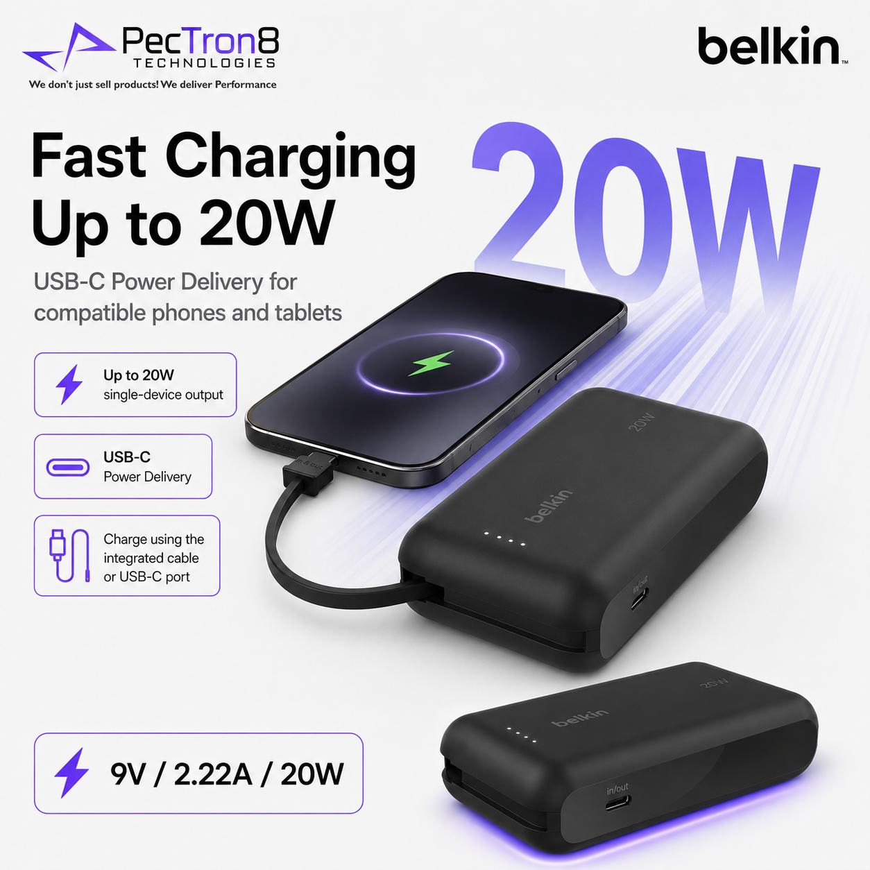 Belkin BoostCharge Power Bank 10K 10000mAh 20W Fast Charging Built-In USB-C Cable