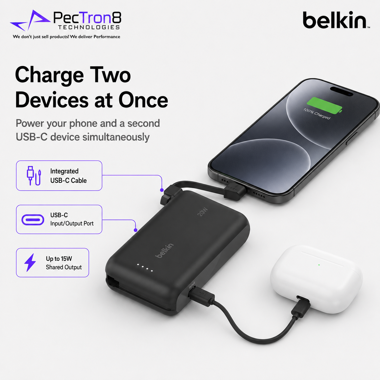 Belkin BoostCharge Power Bank 10K 10000mAh 20W Fast Charging Built-In USB-C Cable