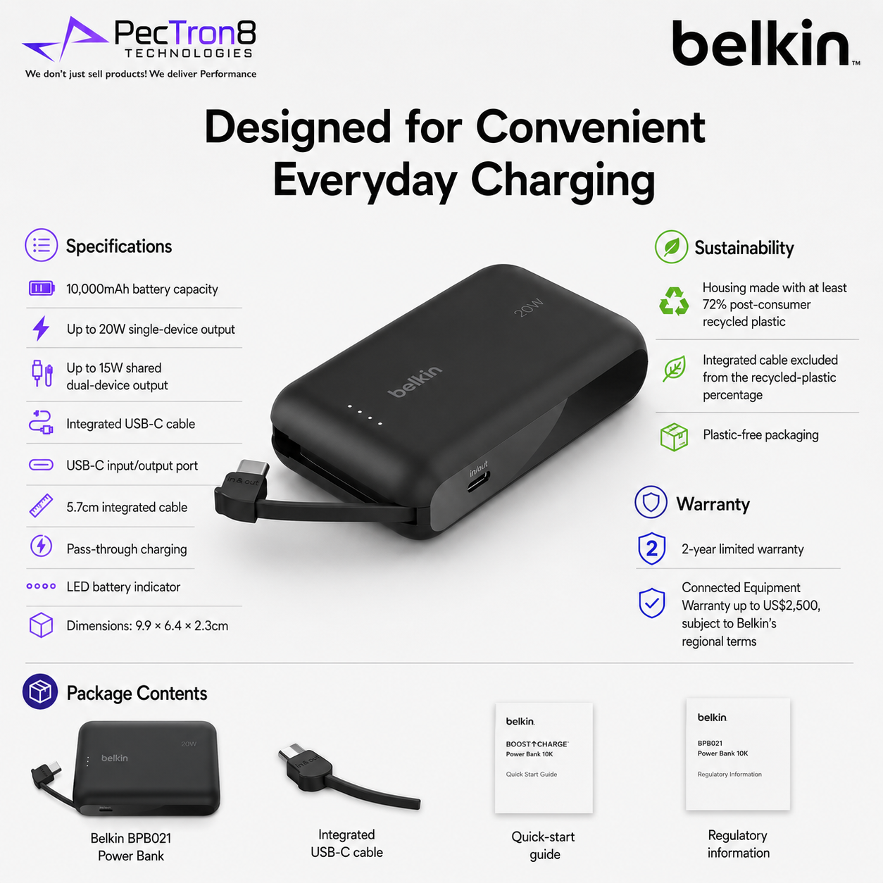 Belkin BoostCharge Power Bank 10K 10000mAh 20W Fast Charging Built-In USB-C Cable
