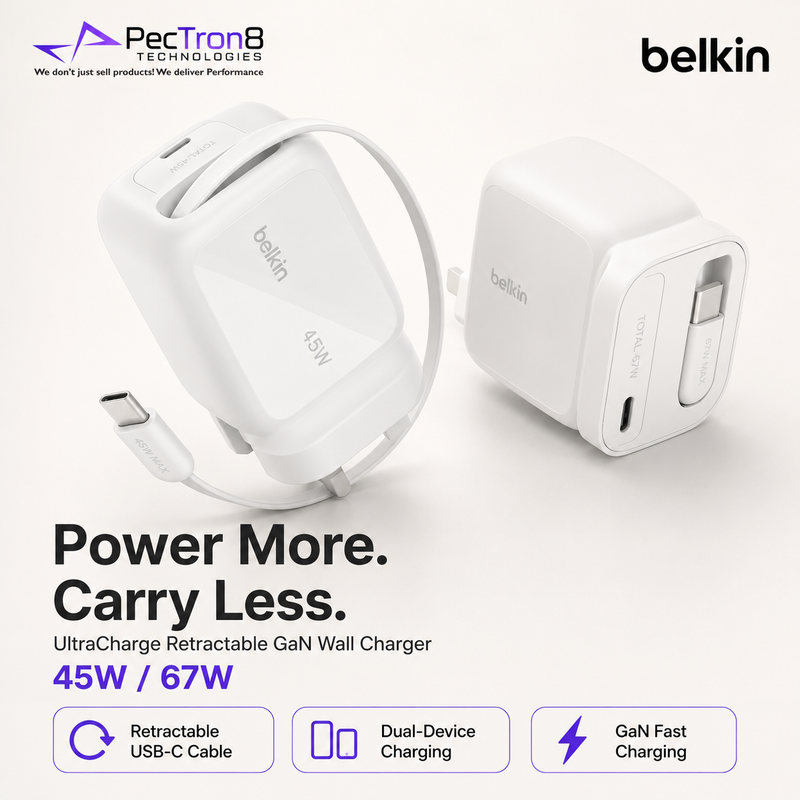 Belkin UltraCharge Portable GaN USB-C Charger 45W / 67W – Retractable Cable