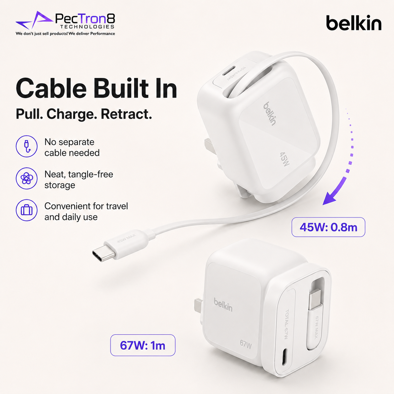 Belkin UltraCharge Portable GaN USB-C Charger 45W / 67W – Retractable Cable