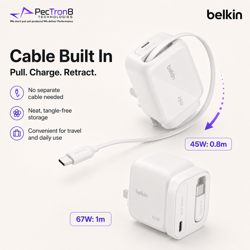 Belkin UltraCharge Portable GaN USB-C Charger 45W / 67W – Retractable Cable