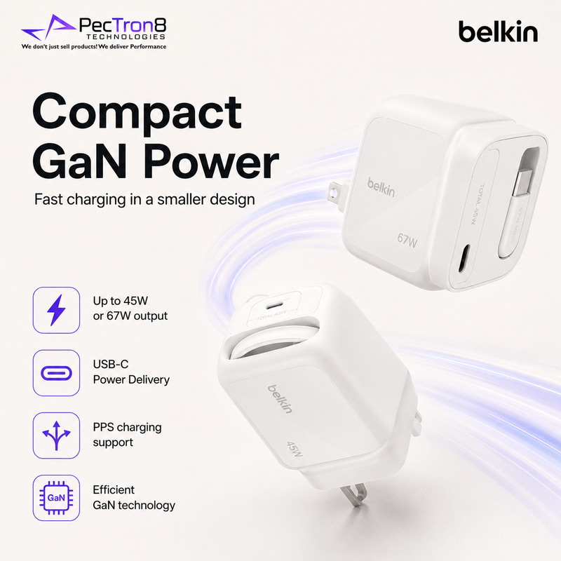 Belkin UltraCharge Portable GaN USB-C Charger 45W / 67W – Retractable Cable