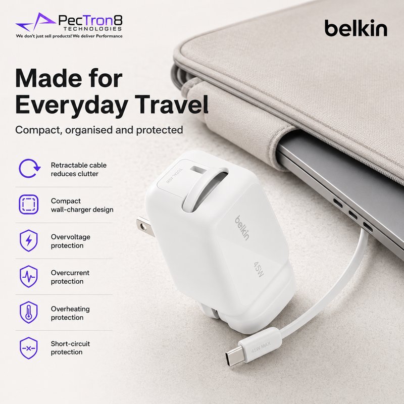 Belkin UltraCharge Portable GaN USB-C Charger 45W / 67W – Retractable Cable