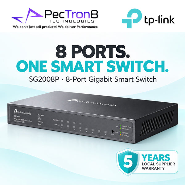 TP-Link Omada SG2008P 8-Port Gigabit Smart Switch with 4-Port PoE+ – 62W PoE Budget, Layer 2 Managed, Omada SDN