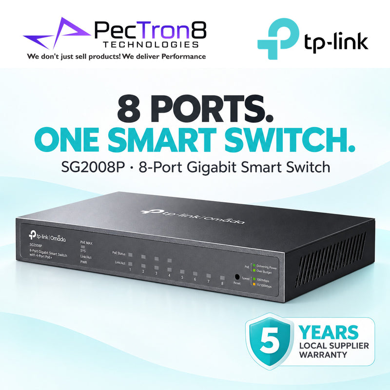 TP-Link Omada SG2008P 8-Port Gigabit Smart Switch with 4-Port PoE+ – 62W PoE Budget, Layer 2 Managed, Omada SDN