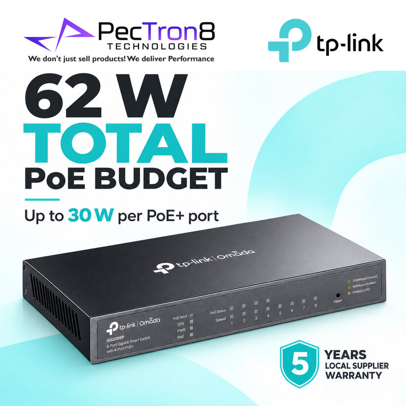 TP-Link Omada SG2008P 8-Port Gigabit Smart Switch with 4-Port PoE+ – 62W PoE Budget, Layer 2 Managed, Omada SDN