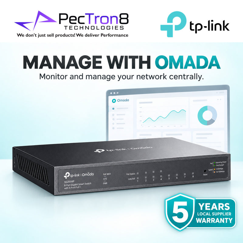 TP-Link Omada SG2008P 8-Port Gigabit Smart Switch with 4-Port PoE+ – 62W PoE Budget, Layer 2 Managed, Omada SDN