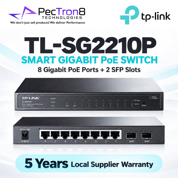 TP-Link Omada SG2210P 10-Port Gigabit Smart Switch with 8-Port PoE+, 2× Gigabit SFP, 61W PoE Budget, Omada SDN