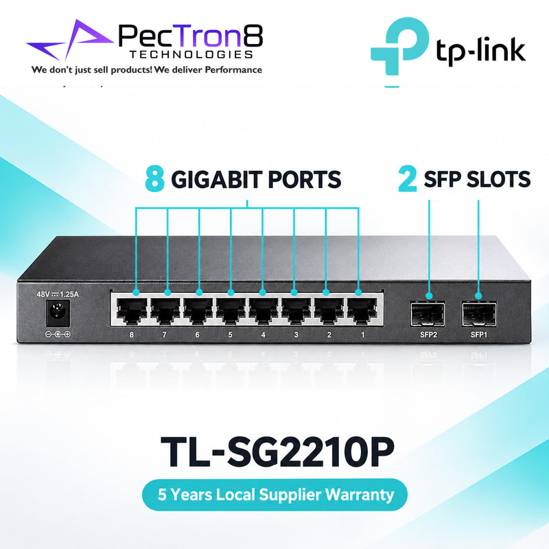 TP-Link Omada SG2210P 10-Port Gigabit Smart Switch with 8-Port PoE+, 2× Gigabit SFP, 61W PoE Budget, Omada SDN