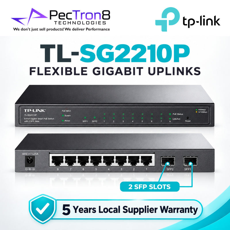 TP-Link Omada SG2210P 10-Port Gigabit Smart Switch with 8-Port PoE+, 2× Gigabit SFP, 61W PoE Budget, Omada SDN